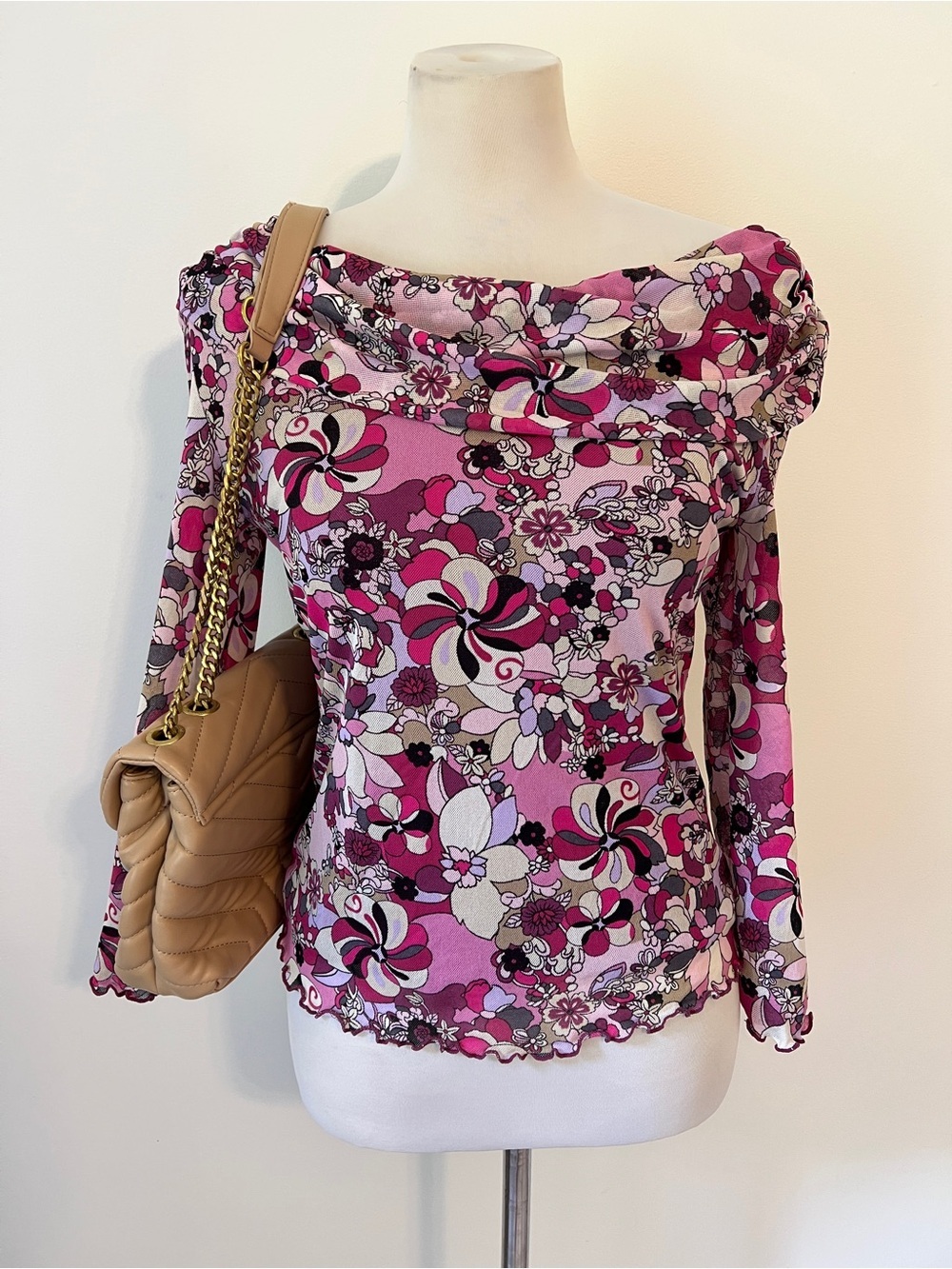 Bisou Bisou Pink Floral Off-Shoulder Long Sleeve Top fairy y2k 2000s mesh